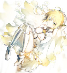 Rule 34 | 1girl, :o, ahoge, blonde hair, blush, boots, commentary request, dress, fate (series), gloves, green eyes, head wreath, high heel boots, high heels, knee boots, knees together feet apart, looking at viewer, lpip, nero claudius (bride) (fate), nero claudius (fate), nero claudius (fate) (all), parted lips, short hair, solo, veil, white dress, white footwear, white gloves