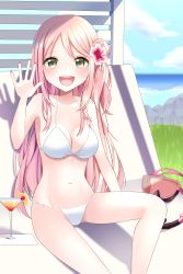 Rule 34 | 1girl, absurdres, bikini, breasts, cleavage, commentary request, diving mask removed, drink, flower, green eyes, hair flower, hair ornament, highres, long hair, medium breasts, open mouth, original, pink hair, sitting, smile, snorkel, solo, stigma1101, swimsuit, teeth, upper teeth only, waving, white bikini