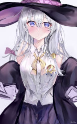 Rule 34 | 1girl, absurdres, bare shoulders, black hat, black robe, blue eyes, bow, braid, breasts, brooch, collared shirt, cowboy shot, elaina (majo no tabitabi), hair between eyes, hair bow, hat, hat ribbon, hexagram, highres, jewelry, light blush, long hair, long sleeves, majo no tabitabi, mile (off8mile), off shoulder, open clothes, open robe, ribbon, robe, shirt, signature, silver hair, single braid, skirt, sleeveless, sleeveless shirt, sleeves past fingers, sleeves past wrists, solo, white background, white shirt, witch, witch hat, yellow neckwear