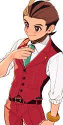 Rule 34 | 1boy, ace attorney, adjusting clothes, adjusting necktie, antenna hair, apollo justice, arm at side, beachricefield, belt, black belt, bracelet, brown eyes, brown hair, buttons, closed mouth, collared shirt, cowboy shot, forked eyebrows, formal, green necktie, hand up, highres, jewelry, lapel pin, lapels, male focus, necktie, pants, pocket, red pants, red suit, red vest, shirt, short hair, simple background, sleeves rolled up, smile, solo, suit, vest, white background, white shirt