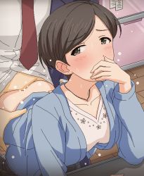 Rule 34 | 1boy, 1girl, ass, blush, brown eyes, brown hair, clothed sex, covering own mouth, doggystyle, from behind, hand over own mouth, idolmaster, idolmaster cinderella girls, jewelry, mature female, necklace, necktie, sasaki chie&#039;s mother, sex, sex from behind, short hair, tomu (tomubobu)