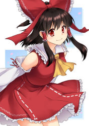 Rule 34 | 1girl, ascot, bare shoulders, black hair, blush, bow, breasts, commentary request, cowboy shot, detached sleeves, frilled bow, frilled shirt collar, frills, hair bow, hair tubes, hakurei reimu, half updo, leaning forward, long hair, long sleeves, looking at viewer, medium breasts, miniskirt, monrooru, petticoat, red bow, red eyes, red skirt, sidelocks, skirt, skirt set, smile, solo, standing, touhou, white background, wide sleeves, yellow ascot