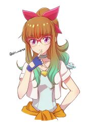 Rule 34 | 1girl, blue gloves, brown hair, choker, fingerless gloves, glasses, gloves, gradient hair, hand on own chin, long hair, looking at viewer, multicolored hair, ochi marco, ohdo yuamu, ponytail, purple eyes, simple background, smile, two-tone hair, white background, yu-gi-oh!, yu-gi-oh! go rush!!