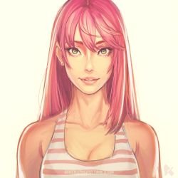 Rule 34 | 1girl, annie mei, annie mei project, breasts, caleb thomas, cleavage, earrings, eyebrows, closed eyes, green eyes, hair down, jewelry, lips, long hair, nose, original, parted lips, pink hair, smile, solo, striped, tank top, upper body, watermark, web address