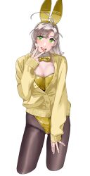 Rule 34 | 1girl, absurdres, animal ears, antenna hair, black pantyhose, blush, breasts, cardigan, cleavage, cropped legs, detached collar, extra ears, fake animal ears, gold bowtie, gold leotard, green eyes, grey hair, highleg, highleg leotard, highres, kantai collection, kinugasa (kancolle), leotard, long hair, long sleeves, looking at viewer, medium breasts, ojipon, open mouth, pantyhose, playboy bunny, rabbit ears, simple background, solo, strapless, strapless leotard, v over mouth, white background, yellow cardigan
