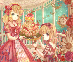 Rule 34 | 2girls, anko kinako, bird, blonde hair, blunt bangs, bow, bowtie, bug, butterfly, cake, clock, dress, drill hair, flower, food, fruit, green eyes, hair bow, hairband, holding, insect, jewelry, lolita fashion, looking back, multiple girls, nail polish, original, pendant, pink eyes, purple flower, purple rose, red flower, red rose, rose, short hair, smile, strawberry, twin drills