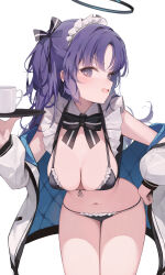 Rule 34 | 1girl, @ @, absurdres, alternate costume, bikini, black bikini, blue archive, blush, bow, bowtie, breasts, commentary, cup, enmaided, frills, halo, hand on own hip, highres, holding, holding tray, jacket, jenil, leaning forward, maid, maid bikini, maid headdress, medium breasts, navel, off shoulder, open mouth, purple eyes, purple hair, solo, stomach, swimsuit, tray, unconventional maid, v-shaped eyebrows, white background, yuuka (blue archive)