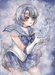 Rule 34 | 1girl, artist name, bishoujo senshi sailor moon, blue background, blue bow, blue eyes, blue hair, blue sailor collar, blue skirt, blue theme, bow, brooch, cherriuki, circlet, cowboy shot, elbow gloves, eyelashes, gloves, heart, heart brooch, highres, jewelry, looking at viewer, matching hair/eyes, mizuno ami, painting (medium), parted bangs, pleated skirt, sailor collar, sailor mercury, short hair, signature, skirt, smile, solo, super sailor mercury, traditional media, water, watercolor (medium), white gloves