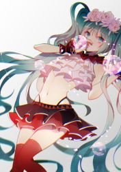 Rule 34 | 1girl, absurdres, bad id, bad pixiv id, flower, green eyes, green hair, hatsune miku, head wreath, highres, long hair, midriff, navel, nisoku hokou (vocaloid), project diva (series), project diva f 2nd, red thighhighs, rose, skirt, solo, thighhighs, twintails, very long hair, vocaloid, white background, zhibuji loom