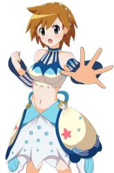 Rule 34 | 1girl, aqua eyes, bare shoulders, blush, breasts, clenched hand, collarbone, creatures (company), detached sleeves, earrings, eyelashes, game freak, gen 1 pokemon, green eyes, jewelry, looking at viewer, medium breasts, midriff, misty (pokemon), misty (sygna suit) (pokemon), navel, nintendo, official alternate costume, open mouth, orange hair, outstretched arm, pokemon, pokemon masters ex, shirt, short hair, skirt, smile, solo, yugo-eti