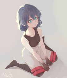 Rule 34 | 1girl, bare shoulders, black hair, black hands, black pantyhose, black tank top, blue eyes, blush, colored extremities, commentary request, from above, grey shorts, kaban (kemono friends), kemono friends, looking at viewer, looking up, no headwear, no shoes, pantyhose, short hair, shorts, sitting, sleeveless, solo, tank top, wamawmwm, wariza