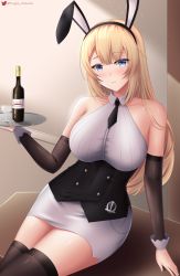 Rule 34 | 1girl, absurdres, alcohol, arm warmers, astoria (azur lane), astoria (black bunny carnival) (azur lane), azur lane, bare shoulders, black corset, black neckwear, black thighhighs, blonde hair, blue eyes, bottle, breasts, buttons, corset, double-breasted, eagle union (emblem), hair between eyes, highres, holding, holding tray, indoors, large breasts, light particles, lips, looking at viewer, official alternate costume, skirt, smile, solo, thighhighs, togare, tray, twitter username, waitress, white skirt, wine bottle