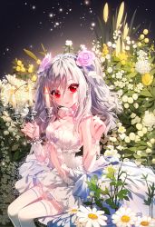 Rule 34 | 1girl, absurdres, baocaizi, bare shoulders, bow, breasts, candle, candlestand, cleavage, closed mouth, commentary request, dress, feet out of frame, fire, flower, grey hair, hair between eyes, hair bow, hair flower, hair ornament, hands up, highres, holding, huge filesize, idolmaster, idolmaster cinderella girls, kanzaki ranko, long hair, pink flower, pink rose, red eyes, rose, sleeveless, sleeveless dress, small breasts, smile, solo, thighhighs, twintails, white bow, white dress, white flower, white thighhighs, wrist cuffs, yellow flower
