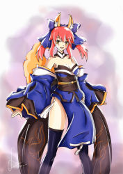 Rule 34 | 10s, 1girl, animal ears, bare shoulders, blue thighhighs, blush, breasts, cleavage, dated, detached sleeves, fate/extra, fate (series), fox ears, fox tail, hair ornament, hair ribbon, japanese clothes, large breasts, looking at viewer, pink hair, ribbon, signature, solo, souryu 1231, tail, tamamo no mae (fate/extra), thighhighs, twintails, yellow eyes