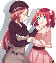 Rule 34 | 10s, 2girls, belt, bow, brown hair, buttons, grabbing another&#039;s chin, collared shirt, commentary request, dress, green eyes, holding hands, hand on another&#039;s chin, hat, interlocked fingers, kurosawa ruby, long hair, long sleeves, love live!, love live! sunshine!!, multiple girls, open mouth, red hair, ryosu, sakurauchi riko, shadow, shirt, simple background, two side up, white background, yellow eyes, yuri