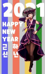 Rule 34 | 1girl, 2021, black hair, blush, brown thighhighs, commentary, constricted pupils, detached sleeves, dress, english commentary, fang, finger to mouth, full body, garter straps, han juri, hanbok, hand on own hip, happy new year, hat, highres, jewelry, korean clothes, lineni, long dress, looking at viewer, new year, obi, purple dress, purple eyes, purple sleeves, red ribbon, ribbon, ring, sash, short hair, solo, standing, straw hat, street fighter, teeth, thighhighs, traditional clothes, upper teeth only