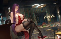Rule 34 | 1girl, alcohol, alternate costume, artist name, ass, bag, bar (place), bar stool, black gloves, black thighhighs, blurry, blurry background, bottle, breasts, brick wall, brown eyes, ceiling light, chair, champagne, cleavage, closed mouth, clothes lift, clothes pull, commission, covered erect nipples, crossed legs, cup, decollete, dress, drink, drinking glass, earrings, evening gown, eyeliner, fire emblem, fire emblem echoes: shadows of valentia, fire emblem gaiden, foot out of frame, gloves, hand on leg, hand on own knee, hand up, handbag, high heels, highres, holding, holding cup, holding drink, huge breasts, jewelry, lace, lace gloves, large breasts, lipstick, long hair, looking at viewer, makeup, multiple necklaces, necklace, nintendo, no panties, pantyhose, pixiv commission, plunging neckline, purple hair, red dress, red footwear, restaurant, shoe dangle, sideboob, single earring, skirt, skirt lift, skirt pull, solo, sonya (fire emblem gaiden), stiletto heels, stool, straight hair, strap gap, table, thick thighs, thighhighs, thighs, union jack, very long hair, w.q.y, wine bottle, wine glass