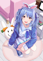 Rule 34 | 1girl, :d, absurdres, ascot, bad id, bad pixiv id, blue ascot, blue footwear, blue hair, carrot, carrot hair ornament, cross-laced footwear, dress, food-themed hair ornament, from above, full body, hair ornament, highres, hololive, indoors, konbanwa01, long sleeves, looking at viewer, open mouth, red eyes, short eyebrows, short hair, smile, solo, squatting, two side up, upper body, usada pekora, usada pekora (casual), virtual youtuber, white dress