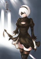 Rule 34 | 1girl, black dress, black hairband, black thighhighs, blindfold, boots, breasts, cleavage, cleavage cutout, clothing cutout, covered eyes, cowboy shot, dress, feather-trimmed sleeves, hairband, highleg, highleg leotard, holding, holding sword, holding weapon, juliet sleeves, kurokku, leotard, long sleeves, looking at viewer, medium breasts, mole, mole under mouth, nier (series), nier:automata, pod (nier:automata), puffy sleeves, ribbed dress, silver hair, solo, sunlight, sword, thigh boots, thighhighs, thighhighs under boots, vambraces, weapon, white leotard, 2b (nier:automata)