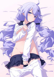 Rule 34 | 1girl, ahoge, azur lane, bad id, bad pixiv id, bed sheet, black sailor collar, black scrunchie, black skirt, blush, breasts, clothes lift, clothes pull, commentary request, groin, hair ornament, hair scrunchie, lifted by self, long hair, low twintails, lying, medium breasts, navel, no bra, no panties, on back, oueo, pantyhose, pantyhose pull, pleated skirt, purple eyes, purple hair, sailor collar, school uniform, scrunchie, serafuku, skirt, skirt pull, solo, sweater, sweater lift, twintails, underboob, unicorn (azur lane), unicorn (long-awaited date) (azur lane), very long hair, white pantyhose, white sweater, x hair ornament