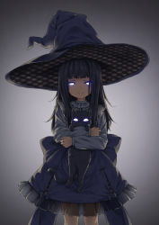 Rule 34 | 1girl, animal, animal hug, back bow, black bow, black cat, black dress, black hair, black hat, blunt bangs, bow, broiler, cat, child, closed mouth, commentary request, dress, dress bow, frilled dress, frills, glowing, glowing eyes, grey background, hat, hat ribbon, highres, holding, holding animal, holding cat, long hair, long sleeves, looking at viewer, no pupils, original, pinafore dress, purple eyes, ribbon, shirt, sidelocks, sleeveless, sleeveless dress, smile, solo, split mouth, standing, straight-on, unmoving pattern, vignetting, white shirt, witch hat