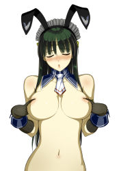 Rule 34 | 1girl, animal ears, bad hands, bad id, bad pixiv id, banpresto, blush, breasts, closed eyes, covering privates, covering nipples, gloves, green hair, large breasts, nakabayashi reimei, necktie, nipples, one eye closed, ouka nagisa, rabbit ears, simple background, solo, super robot wars, super robot wars original generation, wink