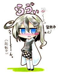 Rule 34 | 1girl, ahoge, blue eyes, blush, blush stickers, checkered clothes, checkered skirt, chibi, colored pencil (medium), goku (acoloredpencil), gokuu (acoloredpencil), hair ornament, hairclip, haiyore! nyaruko-san, highres, long sleeves, looking at viewer, nyarlathotep (nyaruko-san), open mouth, original, power symbol, silver hair, simple background, skirt, sleeves past wrists, solo, thighhighs, traditional media, translation request, tsurime, white background, white thighhighs