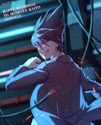 Rule 34 | 1boy, absurdres, artist name, brown hair, cable, character name, commentary request, danganronpa (series), dated, ewa (seraphhuiyu), facial hair, from behind, grin, hair between eyes, hair up, hand up, happy birthday, highres, jacket, long sleeves, looking at viewer, looking back, male focus, momota kaito, danganronpa v3: killing harmony, purple eyes, purple hair, shirt, smile, solo, spiked hair, teeth, upper body