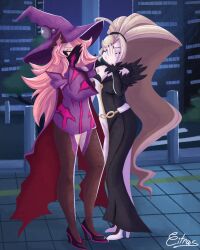 Rule 34 | 2girls, absurdly long hair, bare shoulders, black footwear, black nails, blazblue, blazblue: cross tag battle, breasts, building, closed eyes, commission, covered face, crossover, dress, fur trim, hair over one eye, hand over face, hat, high heels, high ponytail, highres, hilda (under night in-birth), konoe a. mercury, long hair, long sleeves, medium breasts, multicolored clothes, multicolored dress, multiple girls, nail polish, off-shoulder dress, off shoulder, ponytail, purple dress, signature, skyscraper, sleeveless, sleeveless dress, swept bangs, thighhighs, under night in-birth, urban, very long hair, vitriccitrus, white footwear, witch, witch hat