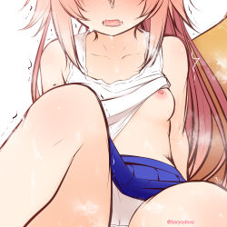 Rule 34 | 1girl, aged down, bare shoulders, blue skirt, blush, breasts, cameltoe, clothes lift, commentary request, fang, fate/extra, fate (series), feet out of frame, fox tail, haryuu (poetto), head out of frame, highres, knee up, long hair, nipples, nose blush, open mouth, panties, pink hair, pleated skirt, saliva, shirt lift, simple background, skirt, skirt lift, small breasts, solo, tail, tamamo (fate), tamamo no mae (fate/extra), tank top, trembling, underwear, very long hair, wavy mouth, white background, white panties, white tank top