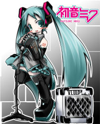 Rule 34 | 1girl, amplifier, aqua necktie, blouse, boots, character name, collared shirt, frilled shirt, frills, gradient background, green hair, grey background, grey shirt, hatsune miku, long hair, microphone, microphone stand, nananana nanana, necktie, platform boots, platform footwear, shirt, sleeveless, sleeveless shirt, solo, standing, standing on one leg, tattoo, thigh boots, thighhighs, twintails, very long hair, vocaloid, zettai ryouiki