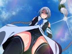 Rule 34 | 10s, 1girl, bare shoulders, black gloves, black thighhighs, blue eyes, blue neckerchief, braid, cloud, commentary request, day, doushi tatsu to dekkai no, elbow gloves, from below, gloves, kantai collection, living hair, long hair, looking at viewer, looking down, neckerchief, outdoors, panties, school uniform, serafuku, silver hair, single braid, skirt, sky, solo, standing, thighhighs, thighs, um6r41, umikaze (kancolle), underwear, very long hair