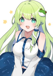 Rule 34 | 1girl, bare shoulders, blue skirt, blush, detached sleeves, frog hair ornament, green eyes, green hair, hair between eyes, hair ornament, hair tubes, highres, japanese clothes, kochiya sanae, long hair, machimo, nontraditional miko, open mouth, simple background, skirt, smile, snake hair ornament, solo, touhou, white background, white sleeves, wide sleeves