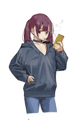 1girl belt_collar blue_hoodie blue_pants blunt_bangs breasts brown_eyes cellphone cigarette collar collarbone commentary cropped_legs hand_on_own_hip hand_up highres holding holding_phone hood hoodie long_sleeves looking_at_viewer medium_hair original pants phone purple_hair sidelocks sketch small_breasts smartphone smoking solo standing sweetcassava twintails upper_body v-neck white_background