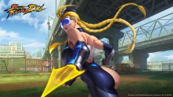 Rule 34 | 1girl, 2boys, antenna hair, ass, beret, braid, breasts, bridge, cloud, cloudy sky, decapre, fighting stance, gate, hat, highres, knife, large breasts, logo, multiple boys, muscular, muscular female, necktie, official alternate costume, official art, river, road, scar, sign, skull, sky, street, street fighter, street fighter: duel, twin braids, underpass, wings