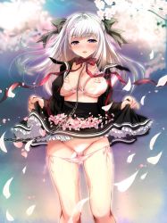 Rule 34 | 1girl, blue eyes, blush, bow, bra, braid, breasts, chain, cherry blossoms, cleavage, clothes lift, flower, frilled bra, frilled panties, frilled skirt, frills, hair bow, hair flower, hair ornament, hair ribbon, hairclip, large breasts, lifted by self, long hair, looking at viewer, neck ribbon, ninoko, non-web source, open clothes, open mouth, original, panties, pink bra, pink panties, ribbon, school uniform, side-tie panties, skirt, skirt lift, smile, solo, standing, sweat, underwear, white hair
