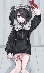 Rule 34 | 1girl, alternate costume, ame-chan (needy girl overdose), arm up, black hair, black jacket, bleeding, blood, blood on leg, boxcutter, cellphone, chest harness, closed mouth, collared jacket, commentary request, feet out of frame, hair ornament, hair over one eye, hairband, harness, highres, holding, holding boxcutter, holding phone, jacket, lolita hairband, long hair, long sleeves, looking at phone, needy girl overdose, no pants, phone, purple eyes, sanmanako, self-harm, selfie, sitting, smartphone, solo, taking picture, thigh cutting, track jacket, twintails, white hairband, x hair ornament