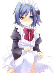 Rule 34 | 10s, 1boy, alternate costume, androgynous, blue eyes, blue hair, bow, cardfight!! vanguard, crossdressing, enmaided, garter straps, looking at viewer, maid, maid headdress, male focus, matching hair/eyes, nanami yasuna, sendou aichi, sitting, solo, thighhighs, trap, white background, white thighhighs