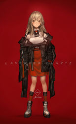 Rule 34 | 1girl, black jacket, blonde hair, boots, closed mouth, coat, copyright name, dress, full body, gloves, grey footwear, grey gloves, high-waist skirt, highres, jacket, legs apart, lm7 (op-center), long hair, long sleeves, looking at viewer, off shoulder, original, red background, red skirt, red socks, shirt, simple background, skirt, smile, socks, solo, standing, white shirt