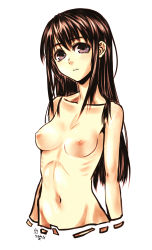 Rule 34 | 1girl, 2016, breasts, brown hair, collarbone, dated, highres, kotoba noriaki, long hair, looking at viewer, medium breasts, navel, nipples, nude, original, parted lips, ribs, signature, simple background, solo, upper body, white background
