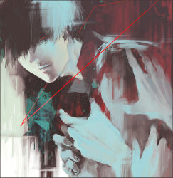 Rule 34 | 1boy, 3others, black background, black hair, black reaper, collared shirt, commentary request, glowing, glowing eye, grey background, grey hair, hair over one eye, kaneki ken, koujima shikasa, looking at viewer, male focus, multiple others, red background, red eyes, shirt, short hair, solo focus, tokyo ghoul, upper body