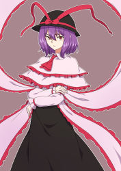 Rule 34 | 1girl, :/, ascot, black hat, black skirt, bow, brown background, capelet, closed mouth, frilled shawl, frills, hat, hat bow, highres, kakone, long sleeves, looking at viewer, nagae iku, one-hour drawing challenge, purple hair, red ascot, red bow, red eyes, shawl, shirt, short hair, simple background, skirt, solo, standing, touhou, white capelet, white shirt