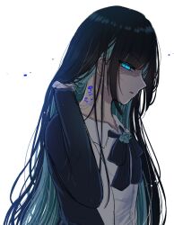 Rule 34 | 1girl, ado (utaite), aqua hair, black hair, black jacket, black necktie, blue eyes, blue flower, chando (ado), collared shirt, colored inner hair, commentary, flower, flower tattoo, glowing, glowing eyes, hair lift, highres, jacket, long hair, long sleeves, looking at viewer, multicolored hair, necktie, niconico, open clothes, open jacket, parted lips, petals, shadow, shirt, shoko (gs music11), sidelocks, simple background, solo, tattoo, upper body, utaite, white background, white shirt