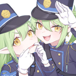 Rule 34 | 2girls, aesice, black hat, black jacket, blue archive, blush, earrings, gloves, green hair, hair between eyes, hat, highres, hikari (blue archive), jacket, jewelry, long hair, long sleeves, looking at viewer, multiple girls, nozomi (blue archive), open mouth, peaked cap, pointy ears, siblings, simple background, sisters, smile, twins, twintails, white background, white gloves, yellow eyes