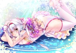 Rule 34 | 10s, 1girl, ass, bare shoulders, barefoot, blush, bow, breasts, china dress, chinese clothes, cleavage, dress, fingernails, flower, frills, full body, hair flower, hair ornament, hairband, hip focus, kantai collection, large breasts, legs up, lips, long fingernails, looking at viewer, lying, nail polish, no panties, obi, on stomach, petals, pink bow, pink nails, sakurano ru, sash, shoukaku (kancolle), sleeveless, sleeveless dress, smile, solo, sparkle, tassel, the pose, thighhighs, white hair, white thighhighs, wrist cuffs, yellow eyes