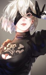 Rule 34 | 1girl, absurdres, black dress, blindfold, breasts, cleavage, cleavage cutout, clothing cutout, commentary request, dress, gloves, gradient background, grey background, highres, lips, looking at viewer, medium breasts, mole, mole under mouth, nier:automata, nier (series), oone0206, parted lips, puffy sleeves, red lips, short hair, simple background, smile, solo, turtleneck, upper body, white hair, 2b (nier:automata)
