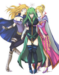 Rule 34 | 3girls, bad id, bad pixiv id, belt, blonde hair, blue eyes, blush, breasts, calill, cleavage, echizen (hvcv), elbow gloves, female focus, fingerless gloves, fire emblem, fire emblem: radiant dawn, girl sandwich, gloves, grabbing, grabbing another&#039;s breast, green eyes, green hair, groping, headband, heather (fire emblem), high heels, highres, large breasts, long hair, multiple girls, nephenee, nintendo, one eye closed, open mouth, ponytail, sandwiched, shoes, simple background, smile, thighhighs, wink, yuri