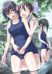 Rule 34 | 3girls, :d, ^ ^, barefoot, black eyes, black hair, blue hair, braid, cat, closed eyes, day, closed eyes, glasses, groping, hair up, hand under clothes, hand under swimsuit, happy, leg up, multiple girls, old school swimsuit, one-piece swimsuit, open mouth, original, outdoors, school swimsuit, school swimsuit flap, shimano natsume, short hair, short twintails, smile, splashing, surprised, surprised arms, swimsuit, twin braids, twintails, wading, water, wet, yuri
