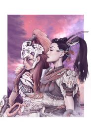 2girls aloy_(horizon) alternate_costume asian black_eyes black_hair brown_eyes facepaint hair_tubes high_ponytail highres horizon_(video_game) horizon_forbidden_west illyne_cosplay multiple_girls orange_hair ponytail seyka signature tribal upper_body