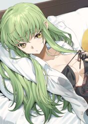 Rule 34 | 1girl, bed, black bra, bra, breasts, c.c., cleavage, code geass, collarbone, creayus, green hair, highres, long bangs, long hair, looking at viewer, medium breasts, open clothes, open mouth, pillow, shirt, underwear, white shirt, yellow eyes